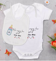BK Kids Kişiye Özel Her Şeyin Başı Süt Tasarımlı Bebek Body Zıbın ve Mama Önlüğü Hediye Seti - Model 1
