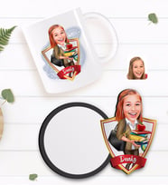 BK Gift Kişiye Özel Kadın Öğretmen Karikatürlü Beyaz Kupa ve Ahşap Bardak Altlığı Hediye Seti-4