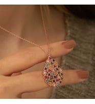 Gümüş Rose Renkli Taşlı Damla Kolye