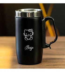 240 ML Kulplu Paslanmaz Çelik Hello Kitty Baskılı Termos Bardak - Isı Yalıtımlı Kahve Kupası (Siyah)