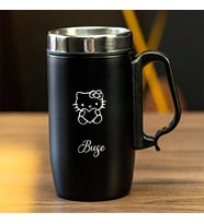 240 ML Kulplu Paslanmaz Çelik Hello Kitty Baskılı Termos Bardak - Isı Yalıtımlı Kahve Kupası (Siyah)