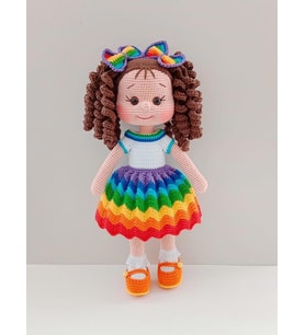 Gökkuşağı Kıvırcık Saçlı Turuncu Ayakkabılı Karnaval Bebek Amigurumi Organik Oyuncak