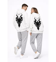 Unisex Ejderha Baskılı Beyaz Sevgili Kombini Oversize Hoodie Seti