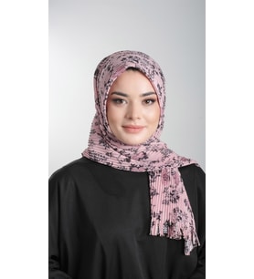 Pudra-Siyah Pratik Hazır Geçmeli Tesettür Eşarp Kesik Elyaf Piliseli Çiçek Desenli 1818D6_601