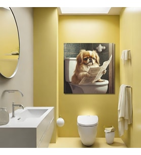 Tekli Kare Kanvas Banyo Tablosu Gazete Okuyan Pekinez Köpek