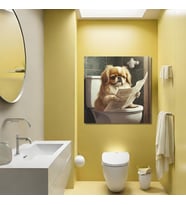 Tekli Kare Kanvas Banyo Tablosu Gazete Okuyan Pekinez Köpek