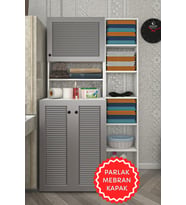 Kenzlife membran çamaşır makinesi dolabı kasparovmaks gribyz panjur 180*096*55-20 mebran kapak MDF gövde banyo kapaklı arkalıksız (Beyaz-Gri)