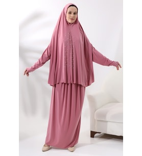 İki Parça İncili Taşlı Alt Üst Pratik Namaz Elbisesi 8017 Pembe