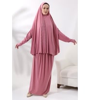 İki Parça İncili Taşlı Alt Üst Pratik Namaz Elbisesi 8017 Pembe