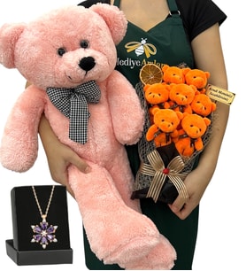 Kişiye Özel 7'li Peluş Ayıcık Buketi, Gerçek Ametist Taşlı Lotus Kolye ve Pembe Ayıcık (Model 3)