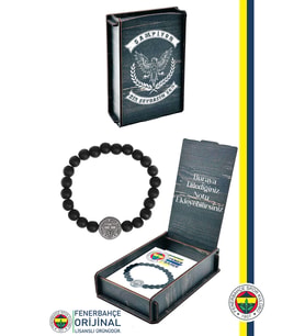 Fenerbahçe Orijinal Lisanslı FB Logo Mat Onix Doğaltaş Bileklik Kişiye Özel Ahşap Kut (Siyah)