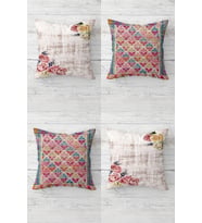 Vintage Güller ve Etnik Kilim Desen Gizli Fermuarlı Kırlent Kılıfı Koltuk Yastık Kılıfı Takım(4ADET) (Pembe)