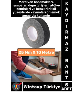 Ultra Güçlü Yapışkan İSG İş Yeri Kaygan Zemin Merdiven Siyah Kaydırmaz Bant 25 Mm X 10 Metre 5 Adet
