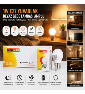 10 ADET 1W E27 BEYAZ YUVARLAK GECE LAMBASI LED AMPUL (5343)