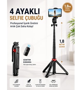 180 cm Bluetooth Selfie Çubuğu Tripod Uzaktan Kumandalı Alüminyum Karbon 4 Ayaklı Katlanabilir