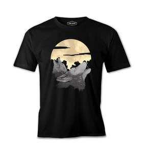 Two Wolves Howling in the Moonlight Siyah Erkek Tshirt