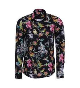 Kuş Ve Çiçek Desenli Slim Fit Uzun Kollu Siyah Erkek Gömlek - Wessi