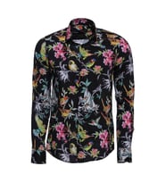 Kuş Ve Çiçek Desenli Slim Fit Uzun Kollu Siyah Erkek Gömlek - Wessi