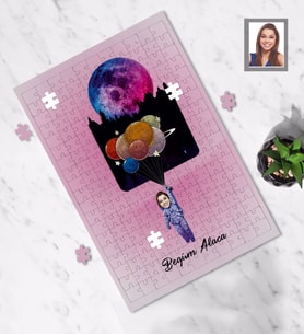 Kişiye Özel Uzay Karikatürlü A3 130 Parça Puzzle Bayan-2