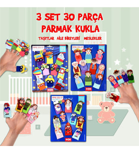 3 Set - 30 Parça Tox Taşıtlar, Aile Bireyleri ve Meslekler Parmak Kukla T181 T752 T762