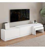 Nest TV Sehpası – Modern Tasarım,2 Kapaklı Depolama ve İkili Zigon Sehpa ile Fonksiyonel Mobilya (Beyaz)