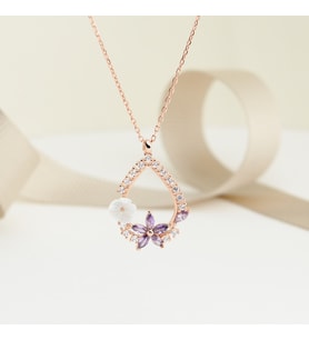 925 Ayar  Rose Kaplama Manolya Çiçekli  Damla Lotus Çiçeği Gümüş Kolye