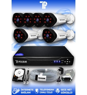 PICAM 6 Kameralı Uzay 6 Dış Kamera Set 320 GB HDD Full HD Gece Görüşlü Güvenlik Kamerası Sistemi