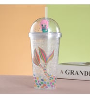 Deniz Kızı Işıklı ve Pipetli Bardak, 450 ml, Buzlu ve Kapaklı, Beyaz, 20x8 (Beyaz)