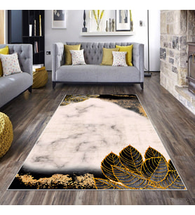 Siyah Gül ve Yaprak Desenli Yıkanabilir Kaymaz Taban Leke Tutmaz Modern Salon Halısı ve Yolluk