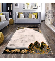 Siyah Gül ve Yaprak Desenli Yıkanabilir Kaymaz Taban Leke Tutmaz Modern Salon Halısı ve Yolluk
