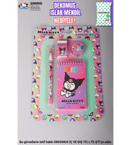 "DEKOMUS ISLAK MENDİL HEDİYELİ" LİSANSLI HELLO KITTY & BEST FRIENDS 4'LÜ KIRTASİYE SETİ NOT DEFTERİ,GEÇMELİ KURŞUN KALEM,SİLGİ VE KALEMTRAŞ (Krem)