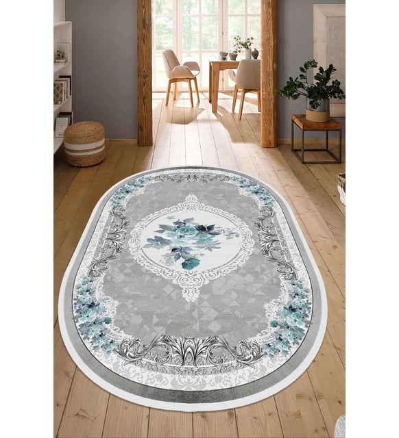 Dijital Baskılı Kaymaz Taban Yıkanabilir Oval Salon Halısı Mutfak Halısı Yolluk NDO-HK-74 (Gri)