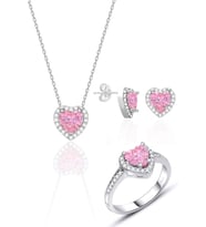Pembe Zirkon Taşlı Pırlanta Modeli Kalp Üçlü Gümüş Set 925 Ayar ST067
