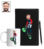 Kişiye Özel Bisiklet Tasarımlı Karikatür Siyah Defter Kalem Kupa Seti 110