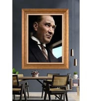 Altın Varaklı Çerçeveli Paspartulu Atatürk Tablo nh215 (Gold)