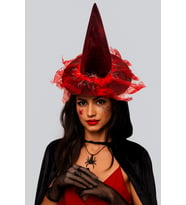 Hallowen Cadılar Bayramı Cadı Şapkası Örümcek Ağı Baskılı Tüylü Simli Kırmızı Parti Kostümü