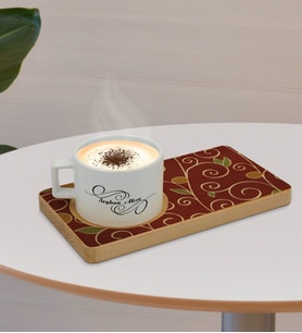 BK Gift Kişiye Özel Retro Motif Tasarımlı Doğal Ahşap Tabaklı Seramik Fincan Sunum Seti  Model 1