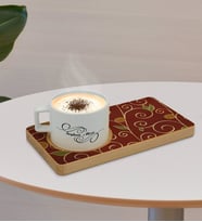 BK Gift Kişiye Özel Retro Motif Tasarımlı Doğal Ahşap Tabaklı Seramik Fincan Sunum Seti  Model 1