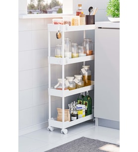 Beyaz 4 Katlı Tekerlekli Dar Düzenleyici Mutfak ve Banyo Rafı Vesken