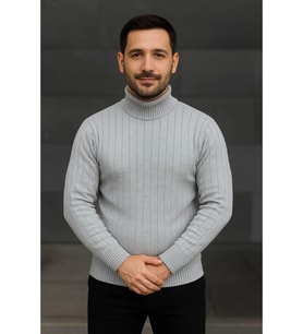Erkek Balıkcı Yaka Bağazlı Triko Kazak Pamuklu Kalın Fitilli Dokuma, Regular Fit Uzun Kollu Kışlık Model - Gri