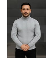 Erkek Balıkcı Yaka Bağazlı Triko Kazak Pamuklu Kalın Fitilli Dokuma, Regular Fit Uzun Kollu Kışlık Model - Gri