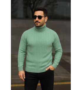 Erkek Balıkcı Yaka Bağazlı Triko Kazak Pamuklu Kalın Fitilli Dokuma, Regular Fit Uzun Kollu Kışlık M
