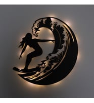Lucenda Led Işıklı Sörf Yapan Kız Dekoratif Tablo Balkon Duvar Dekorlu Gece Lambası (Sarı)