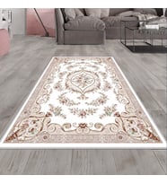 Vizon Desenli Osmanlı Motif Yıkanabilir Kaymaz Taban Leke Tutmaz Modern Salon Halısı ve Yolluk (Beyaz)