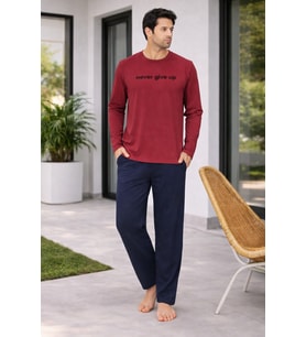 Erkek Bordo Üst Lacivert Alt Pamuklu Pijama Takımı – Yazı Detaylı Şık Ev Giyimi-6150-24