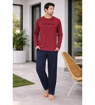 Erkek Bordo Üst Lacivert Alt Pamuklu Pijama Takımı – Yazı Detaylı Şık Ev Giyimi-6150-24 (Çok Renkli)