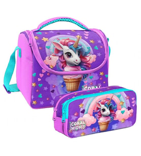 Coral High Kız Çocuk Mor Pembe Dondurma Unicorn Thermo Beslenme Çantası ve İki Bölmeli Kalemlik Seti