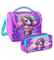 Coral High Kız Çocuk Mor Pembe Dondurma Unicorn Thermo Beslenme Çantası ve İki Bölmeli Kalemlik Seti