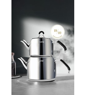 Nehir Modern Mini Küçük Boy Paslanmaz Çelik Çaydanlık Takımı 0.8-1.6 Lt. (Siyah)