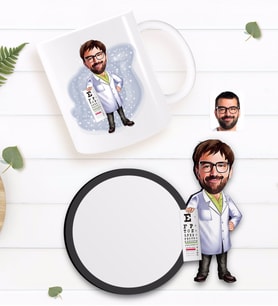 BK Gift Kişiye Özel Erkek Göz Doktoru Karikatürlü Beyaz Kupa ve Ahşap Bardak Altlığı Hediye Seti-1